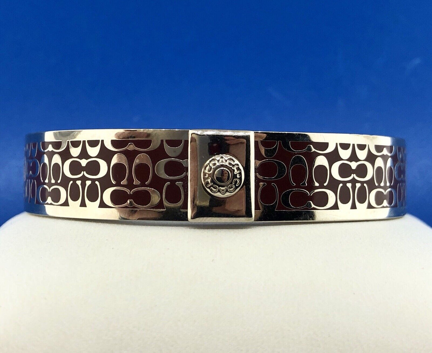 Authentic Coach Silver Tone Burgundy C Signature 1/2" Bangle Cuff Bracelet