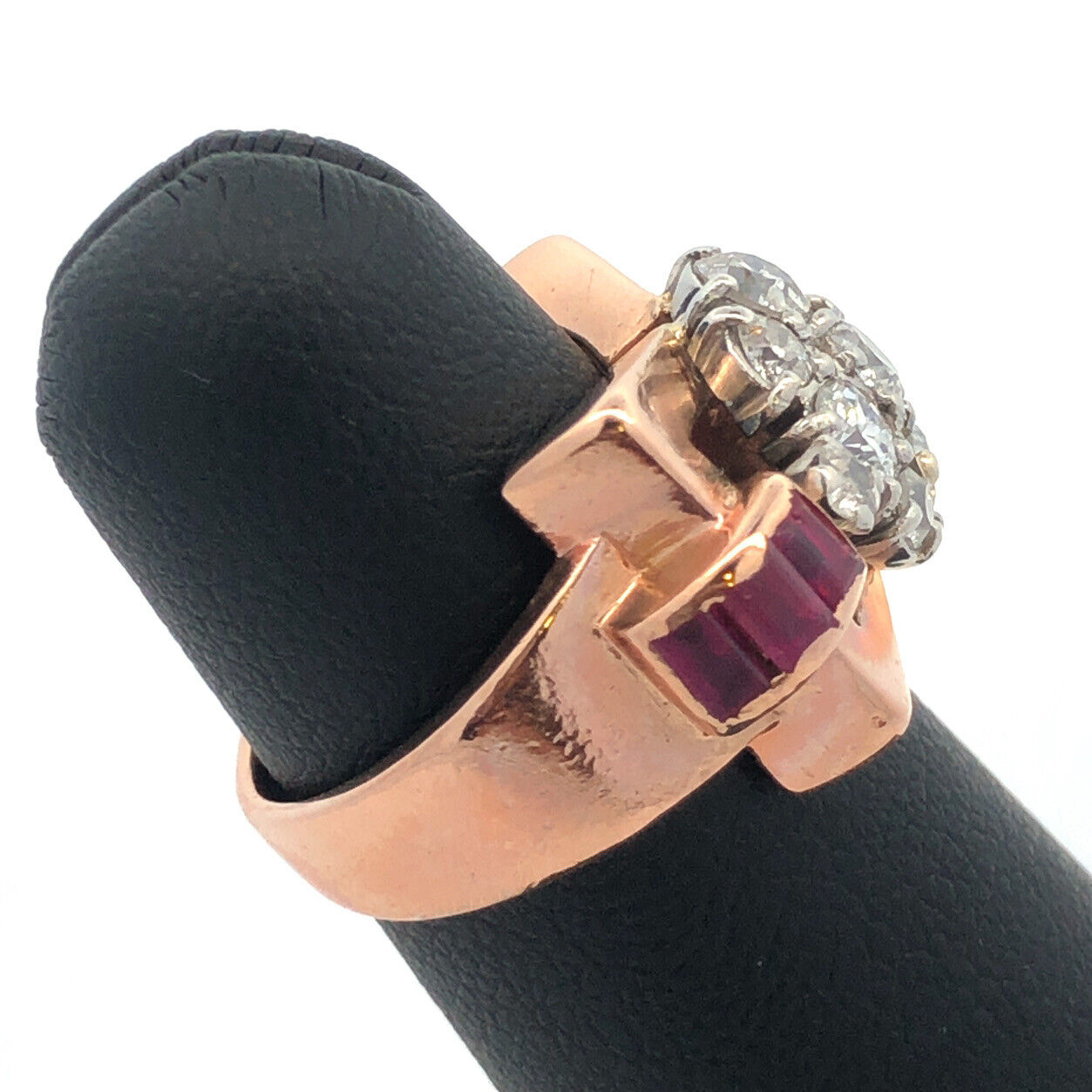 Unusual 14K Rose Gold Diamond Floral Cluster Ruby Baguette Accent Cocktail Ring