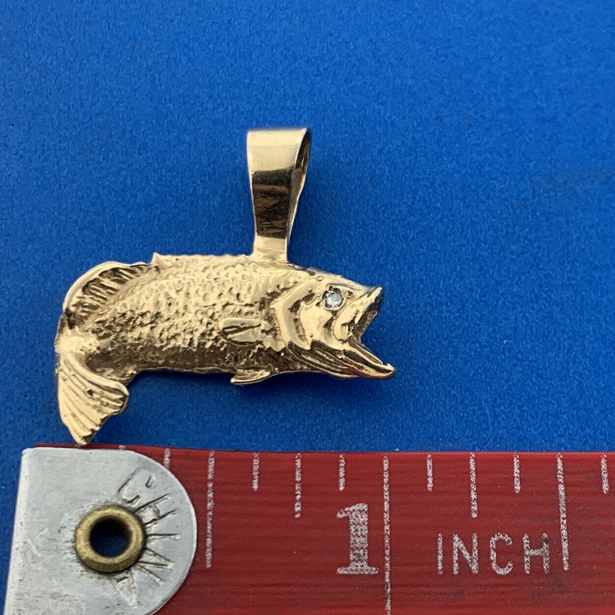 Vintage 14K Yellow Gold Diamond Open Mouth Koi Bass Fish Statement Pendant