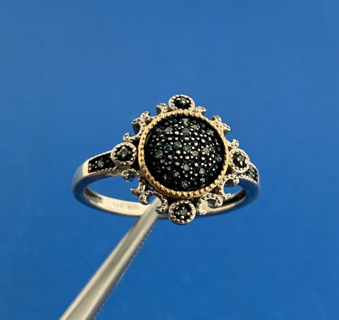 Designer 925 Sterling Silver 14K Yellow Gold Blue Diamond Two Tone Occasion Ring