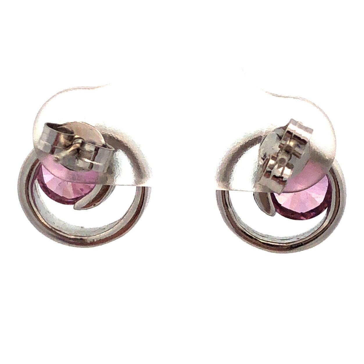 925 Sterling Silver Round Pink Tourmaline Solitaire Swirl Stud Earrings