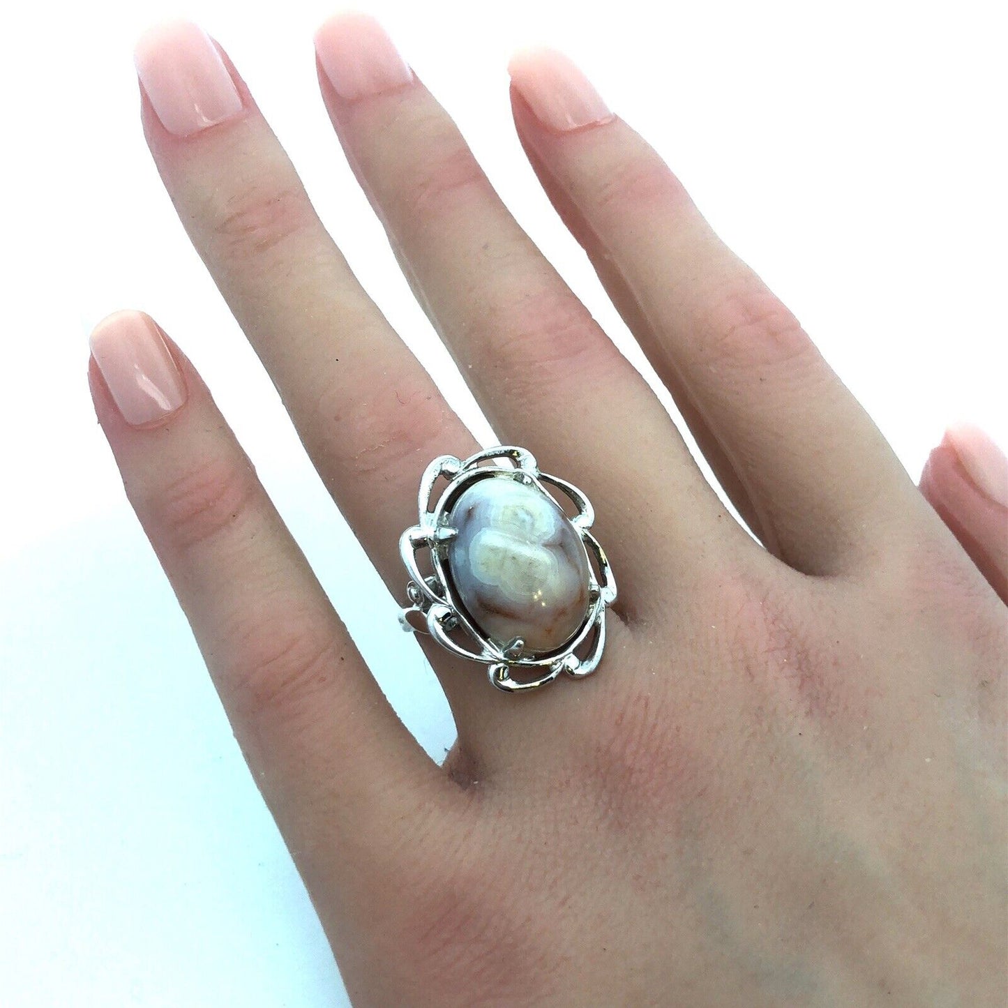 Designer 925 Sterling Silver Oval Agate Cabochon Statement Cocktail Ring
