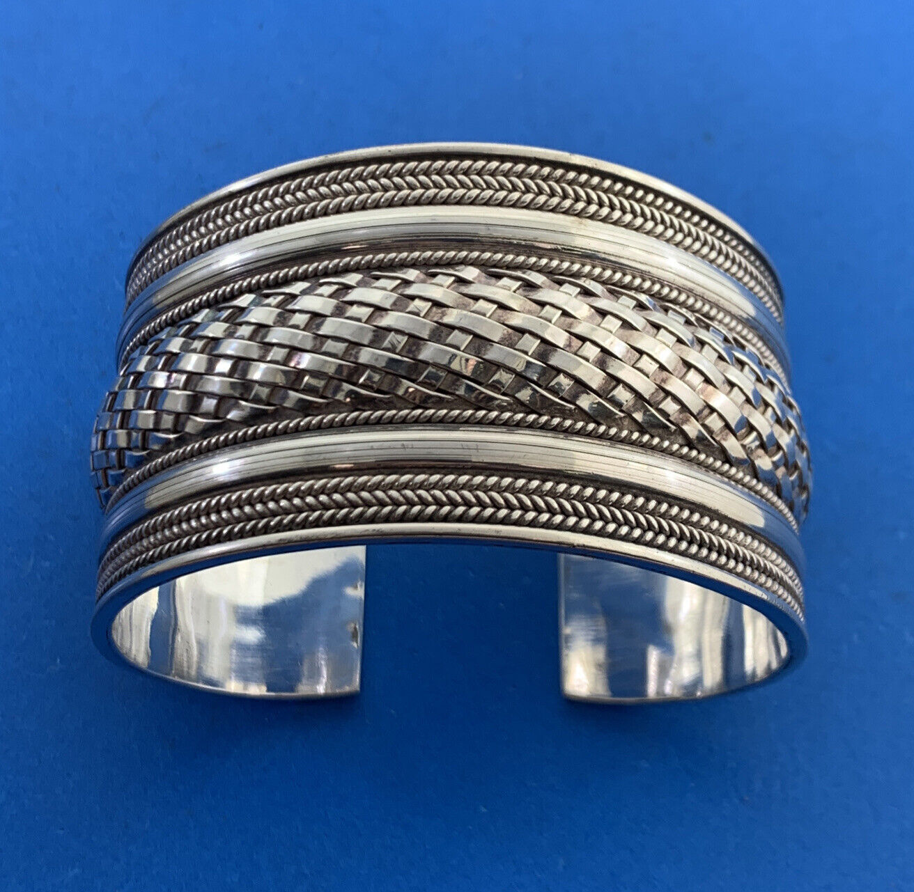 Sterling Silver 925 Basket Weave Ribbed Polished Wide Statement Cuff Bracelet
