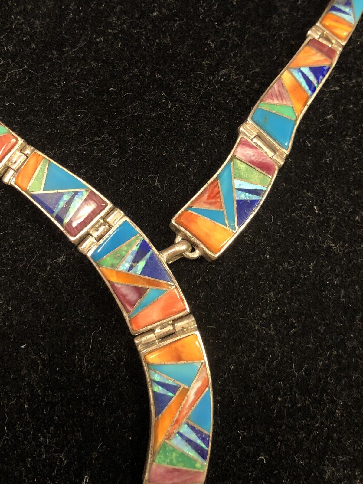Calvin Begay Navajo Sterling Silver Gemstone Inlay Statement Collar Necklace