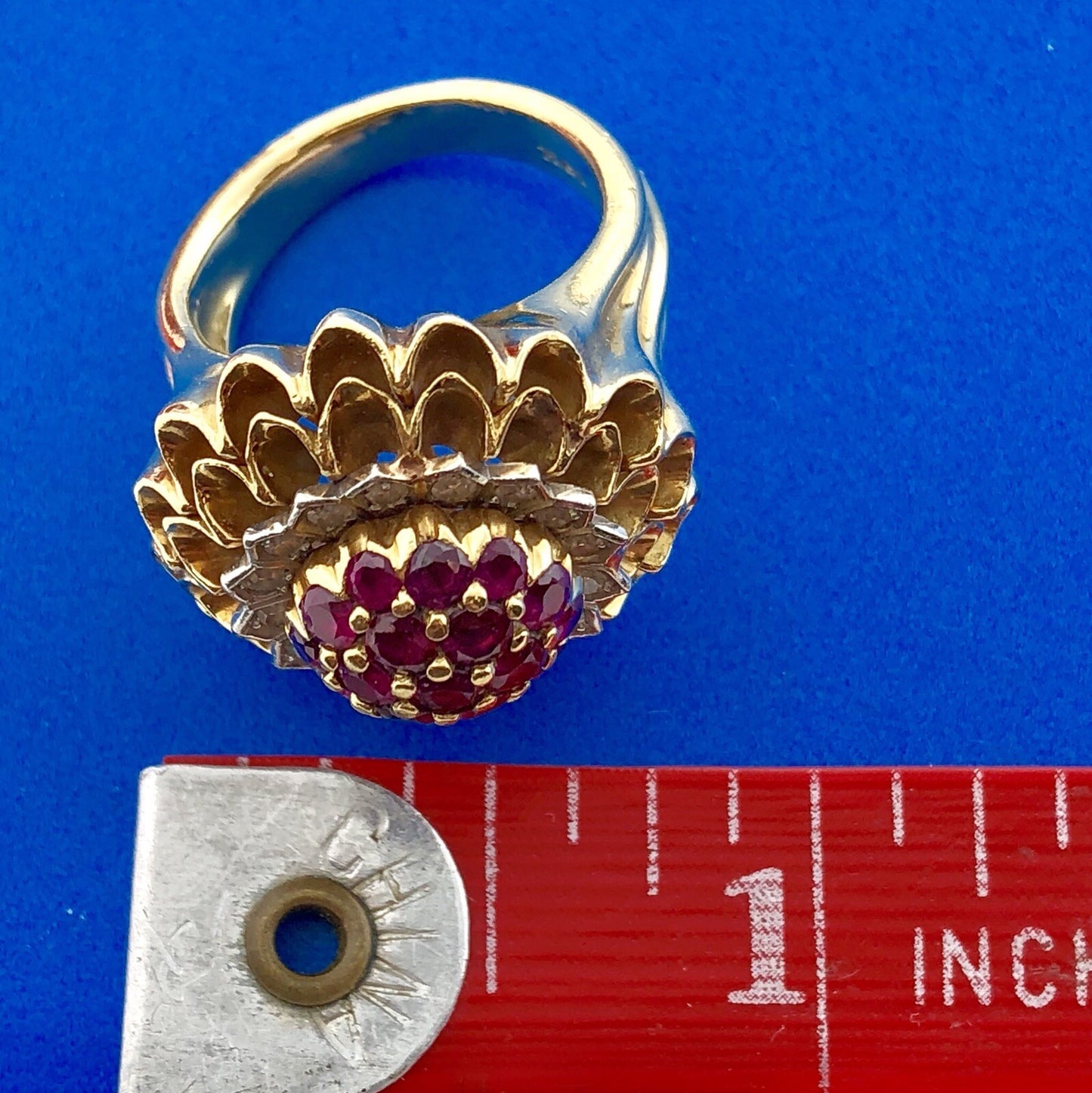 Vintage Artisan 18 Yellow Gold Ruby Diamond Cluster Dome Statement Cocktail Ring