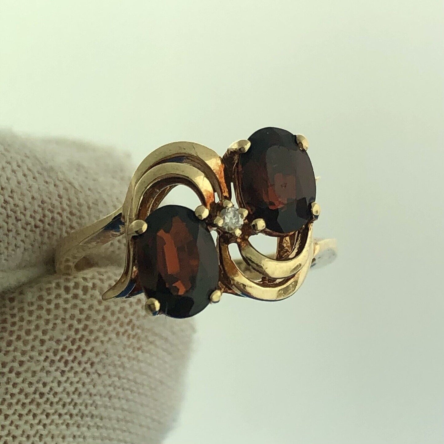 Retro Designer 10K Yellow Gold Garnet Diamond January Anniversary Bypass Ring