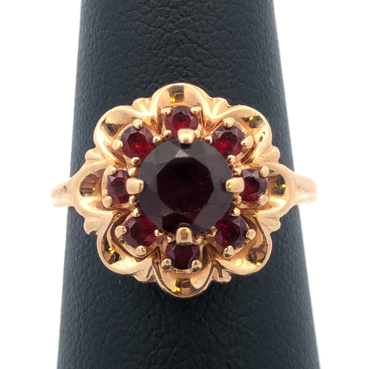 Vintage 10K Yellow Gold Garnet Flower Cluster Engagement January Cocktail Ring