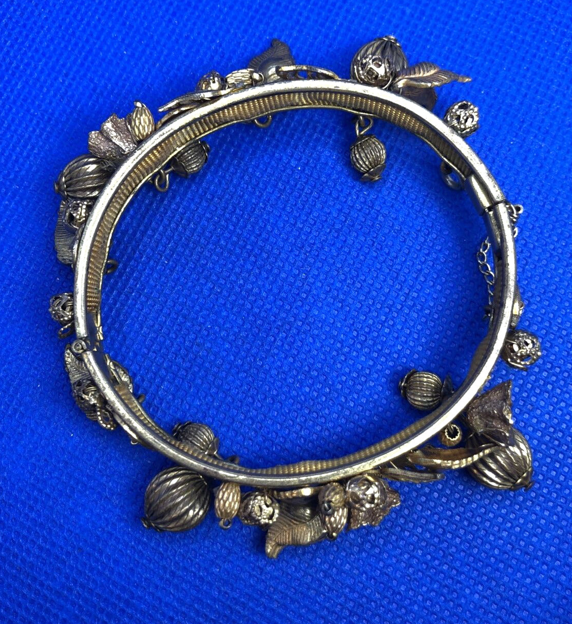 Art Nouveau Gold Tone Floral Theme Dangle Charm Hinged Cuff Bracelet