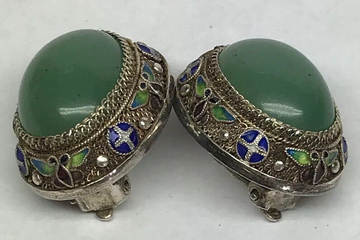 Vintage Artisan Sterling Silver Jade Cloisonne Filigree Statement Clip Earrings