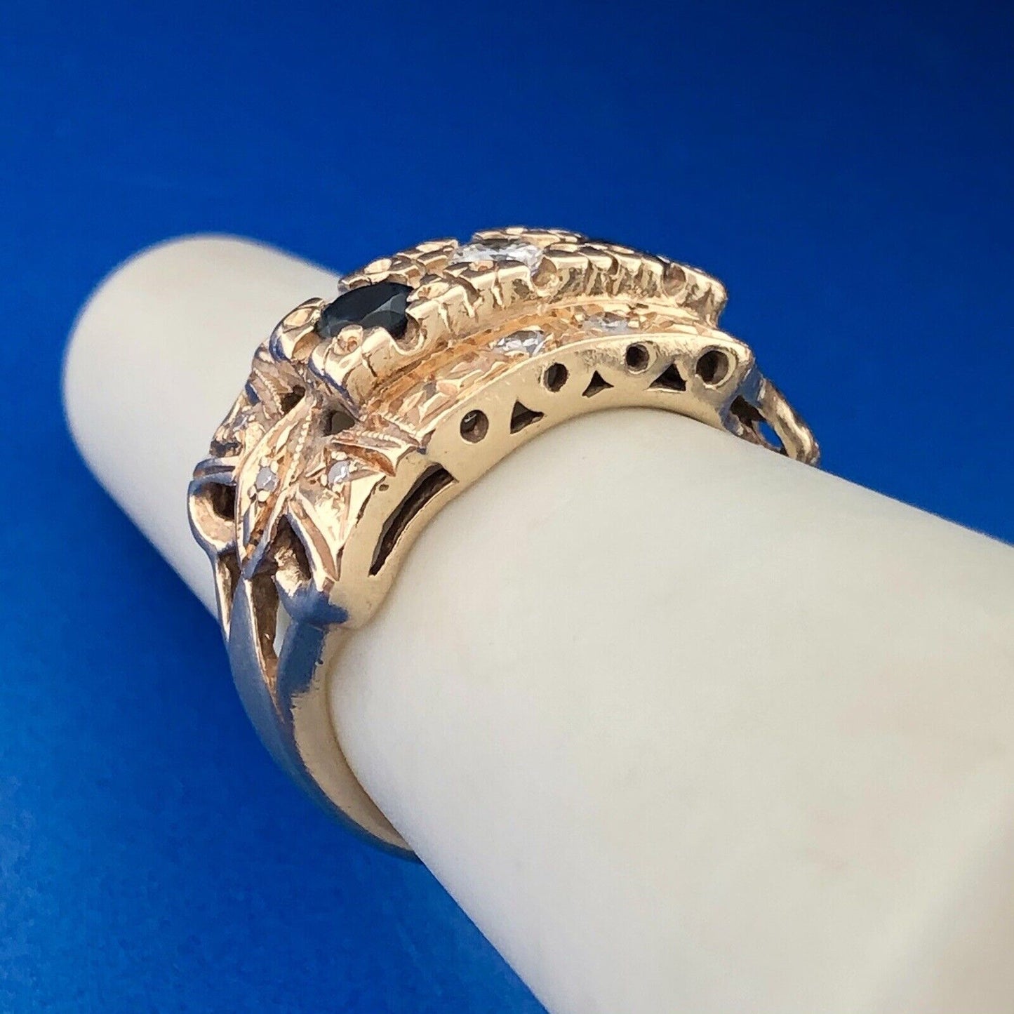Art Deco Art Nouveaux 14K Yellow Gold Sapphire Diamond Etruscan Dome Ring