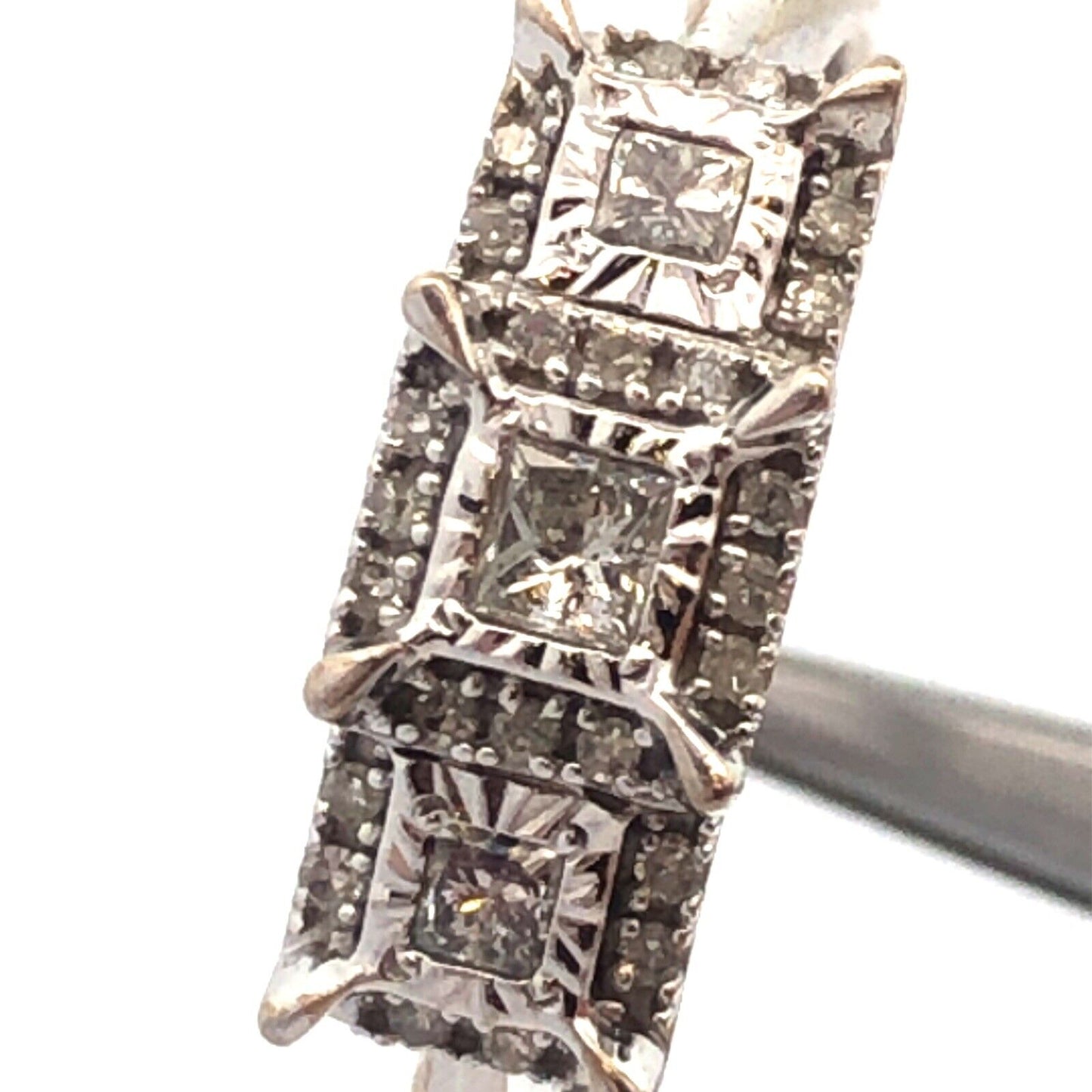 ZEI 10K White Gold Princess Cut Trio Halo Accents Diamond Engagement Bridal Ring