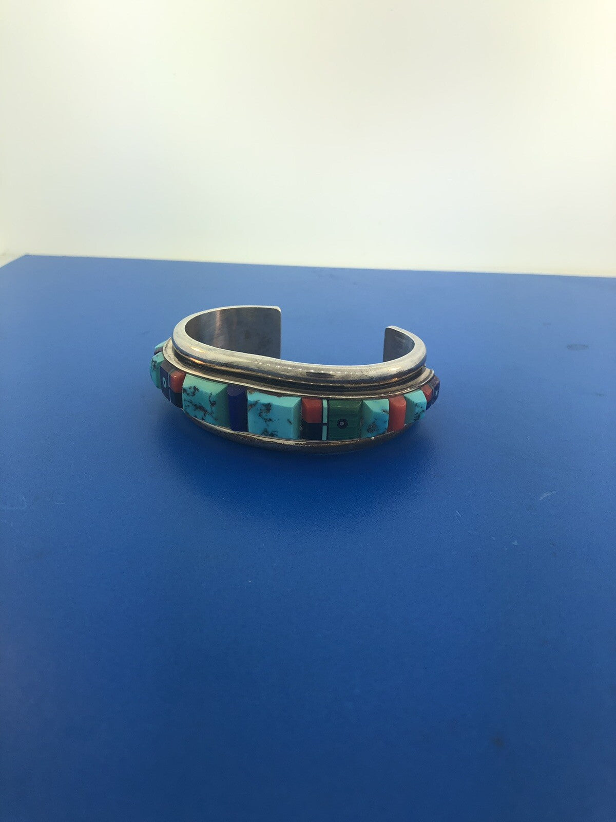 Native American 925 Sterling Silver Turquoise Multi Gem Cuff Bracelet Ronnie