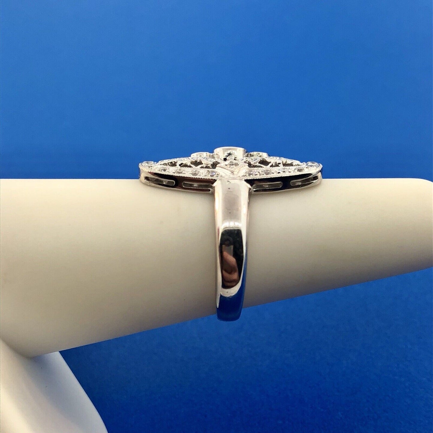 Vintage 18K White Gold Diamond Floral Filigree Statement Finger Ring