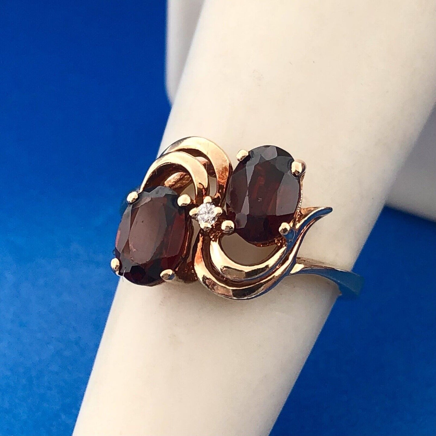 Retro Designer 10K Yellow Gold Garnet Diamond January Anniversary Bypass Ring