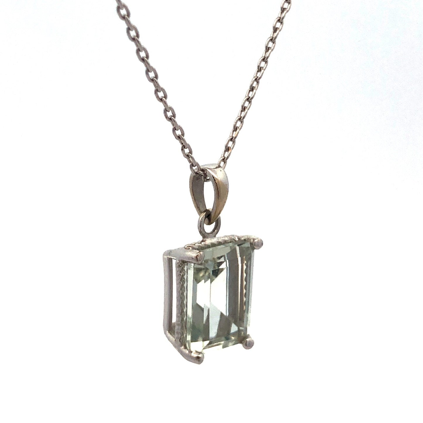 14K White Gold Emerald Cut Green Topaz Solitaire Drop Pendant Necklace