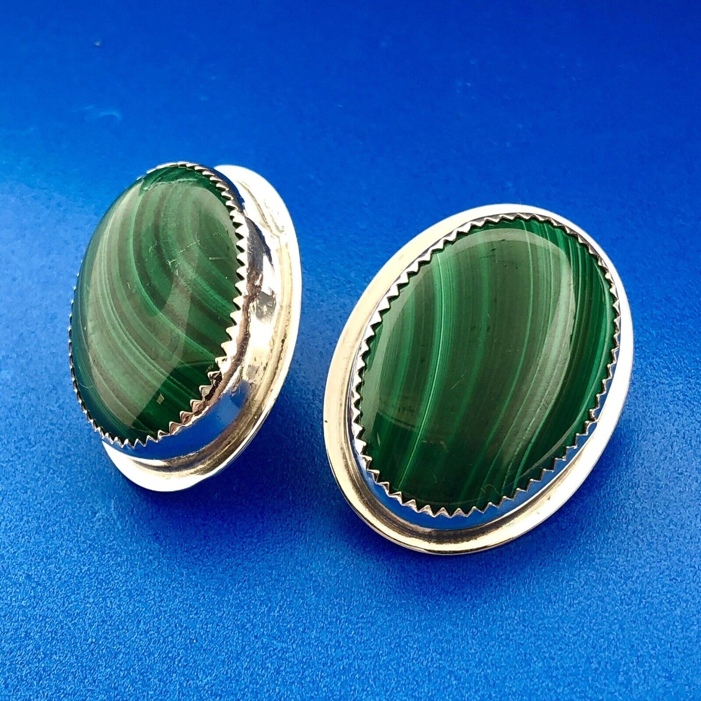 Native American Artisan Sterling Silver Oval Malachite Statement Stud Earrings