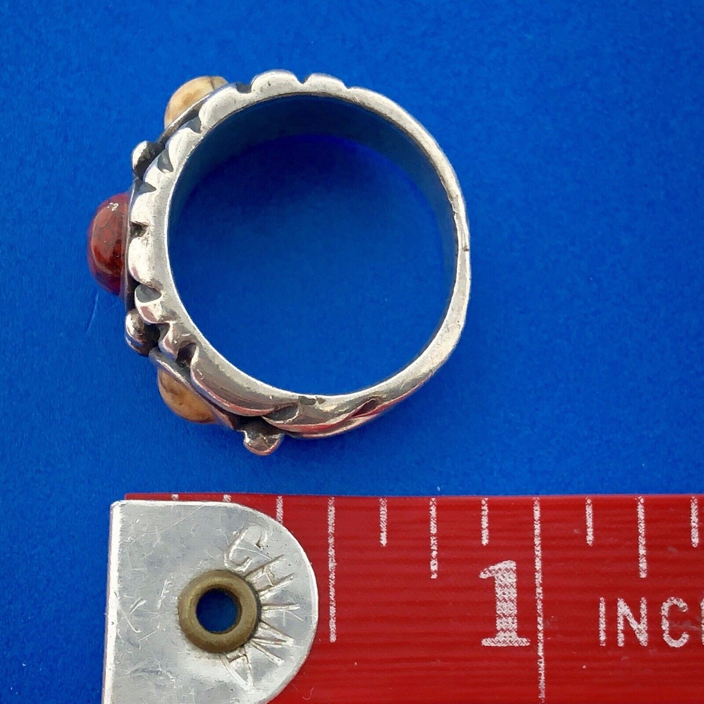 Vintage Native American Artisan 925 Sterling Silver Red Yellow Jasper Band Ring