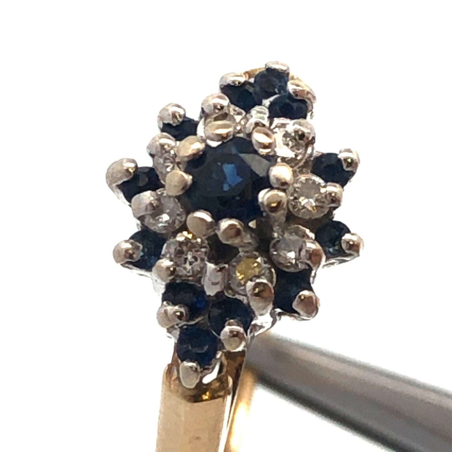 Vintage 14K Yellow White Gold Sapphire Diamond Star Flower Cluster Cocktail Ring