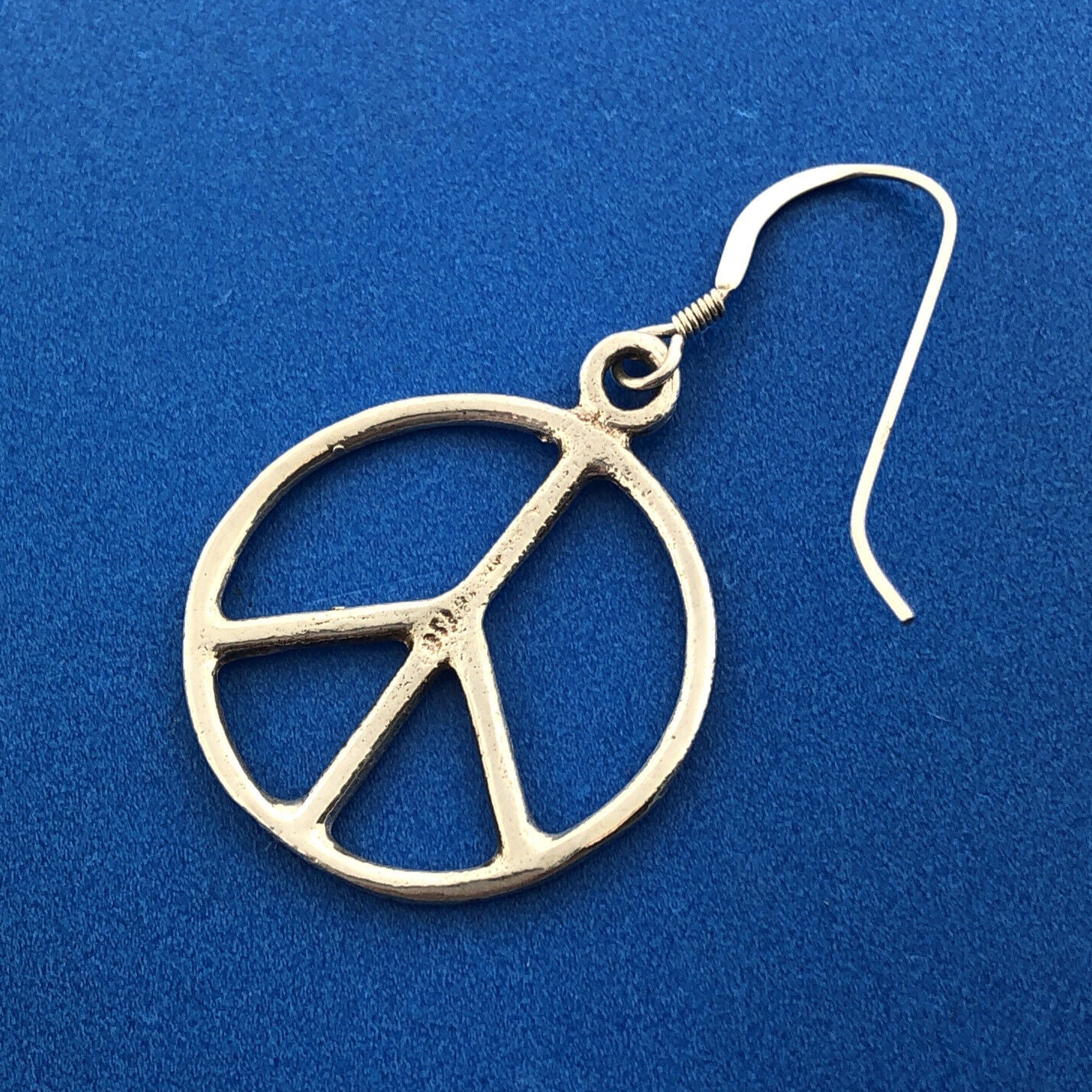 Retro 925 Sterling Silver Hammered Textured Peace Sign Symbol Dangle Earrings