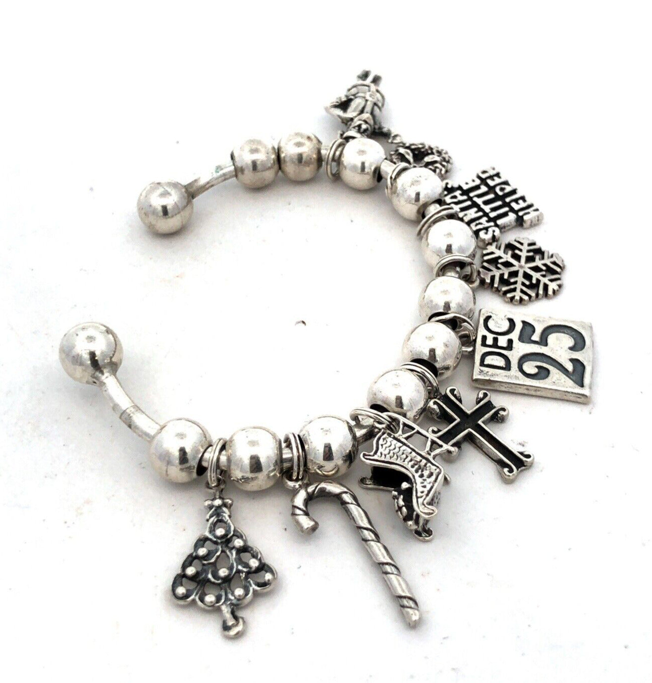 Vintage SJC 925 Sterling Silver Christmas Holiday Theme Beaded Charm Bracelet
