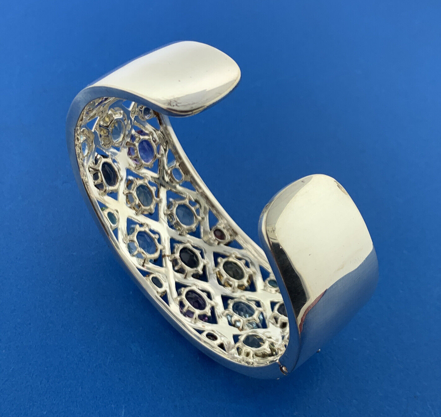 Designer Sterling Silver Multicolor Oval Quartz Statement Hinged Cuff Bracelet