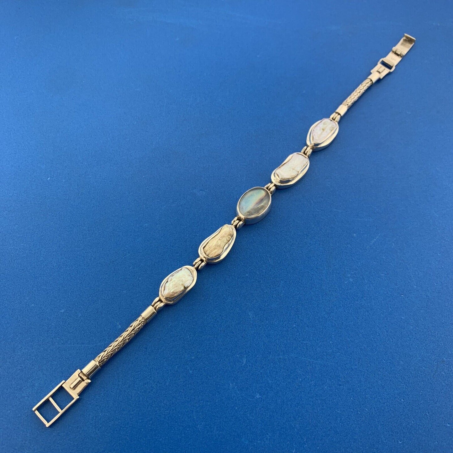 Vintage 925 Sterling Silver Moonstone Mabe Pearl Panel Statement Bracelet