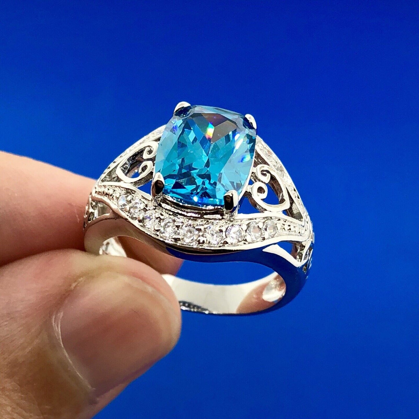 Designer CaA 925 Sterling Silver London Blue Topaz Diamond Engagement Ring