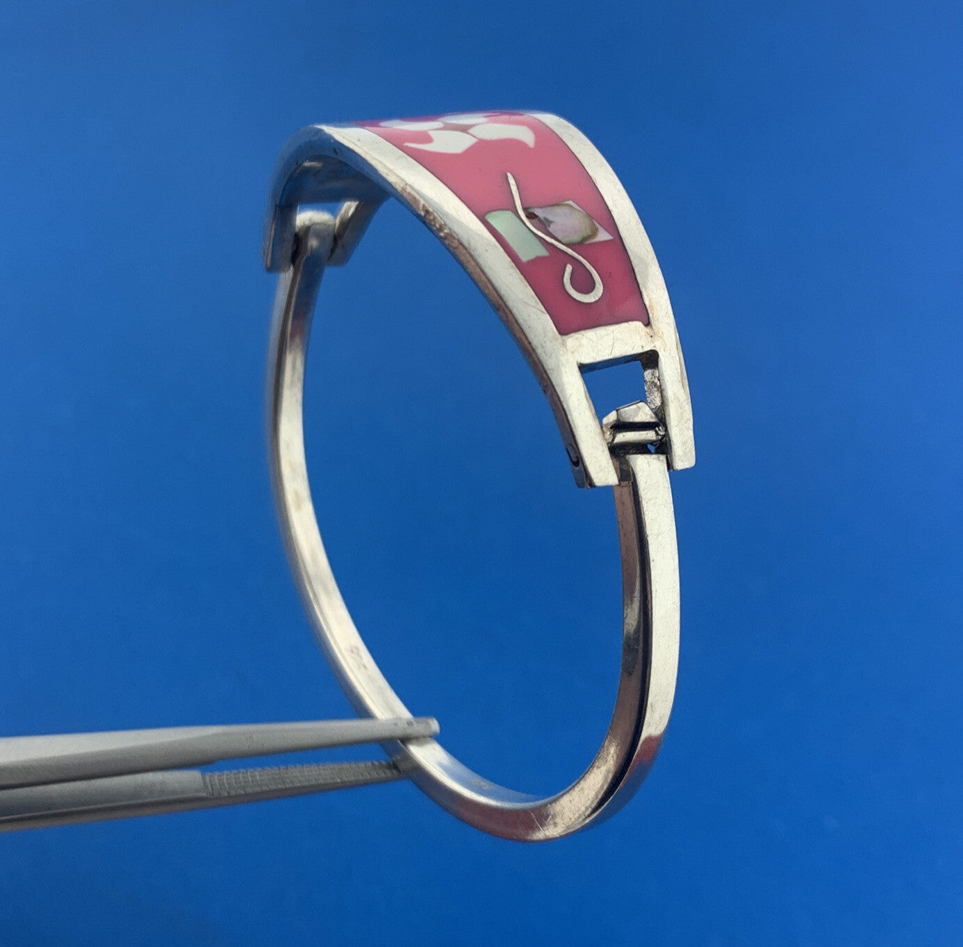 Mexico Silver Tone Enamel Mother of Pearl Abalone Childs Hinged Cuff Bracelet