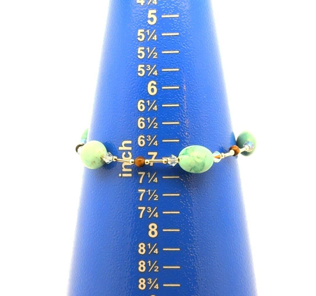 Estate 925 Sterling Silver Turquoise Tigers Eye Crystal Beaded Toggle Bracelet