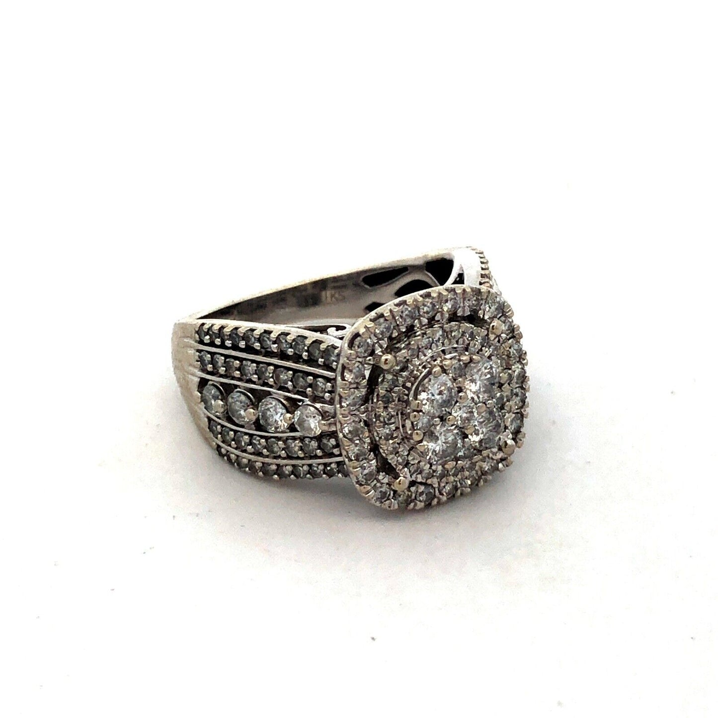 Designer IKS 10K White Gold Round Diamond Cluster Halo Statement Engagement Ring