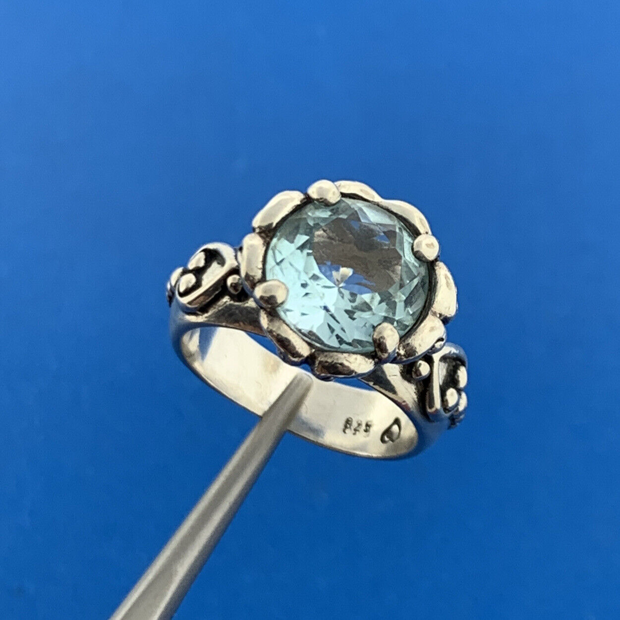Designer 925 Sterling Silver Round Blue Topaz Heart Scroll Bead Work Ring