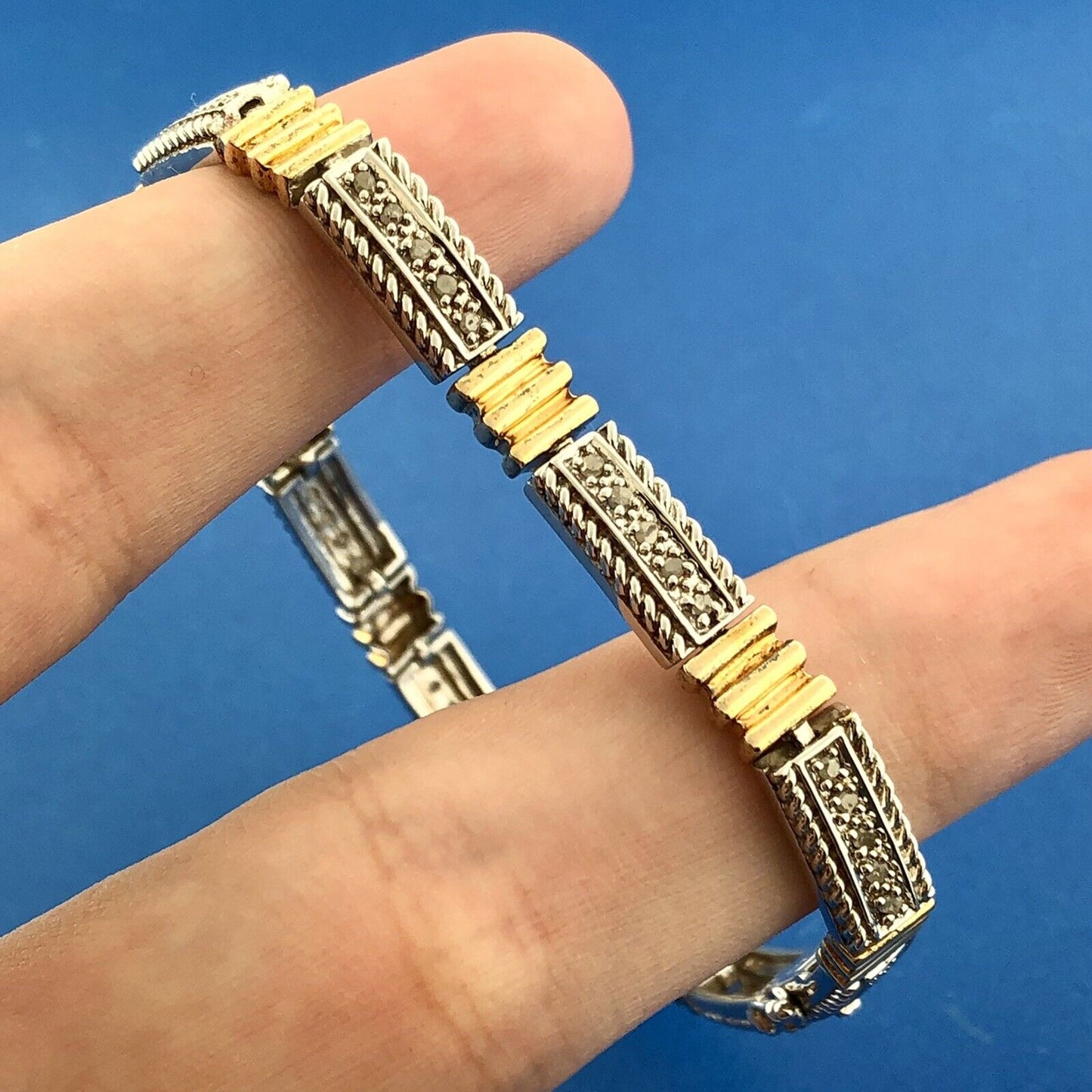Estate CI 925 Sterling Silver Vermeil Two Tone Diamond Bar Panel Tennis Bracelet