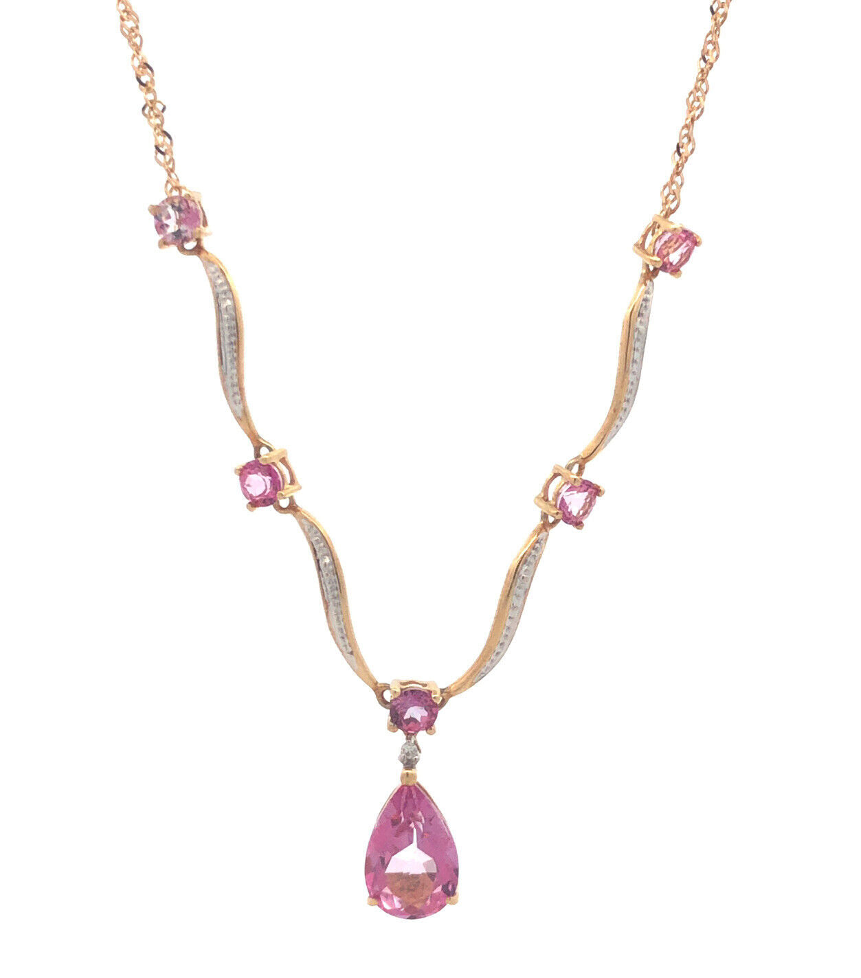 Designer AJ 14K Yellow White Gold Pink Sapphire Solitaire Diamond Necklace
