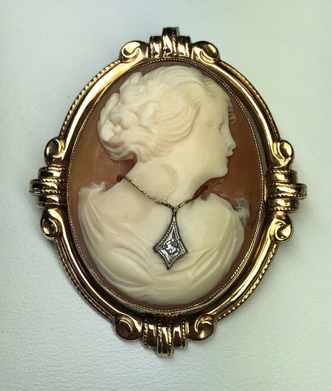 Vintage ESEMCO 14K Yellow Gold Diamond Caved Cameo Scroll Bead Pin Pendant