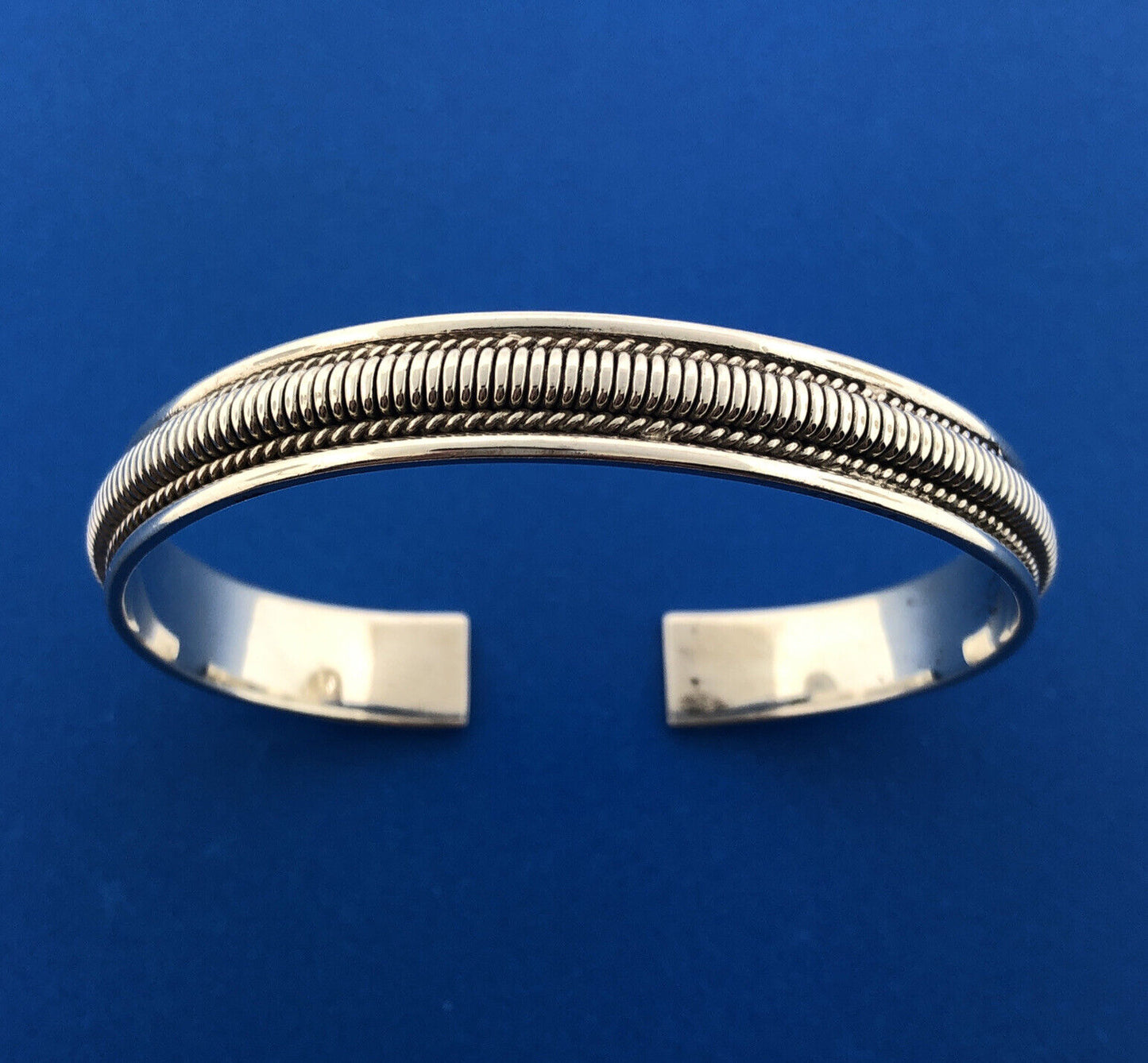 Designer Sterling Silver 925 Ribbed Cable Polished 3D Cuff Bracelet