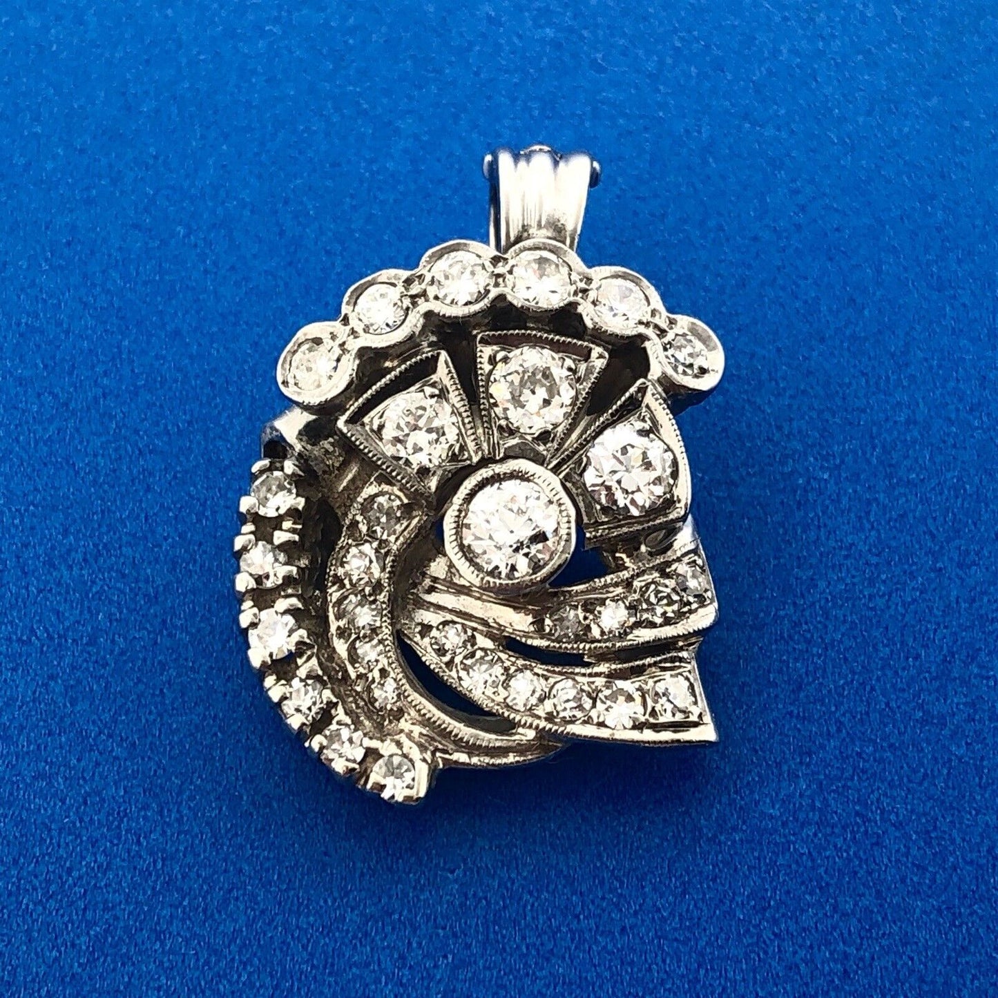 Vintage Art Deco 14K White Gold Diamond Flower Cluster Enhancer Pendant Stunning