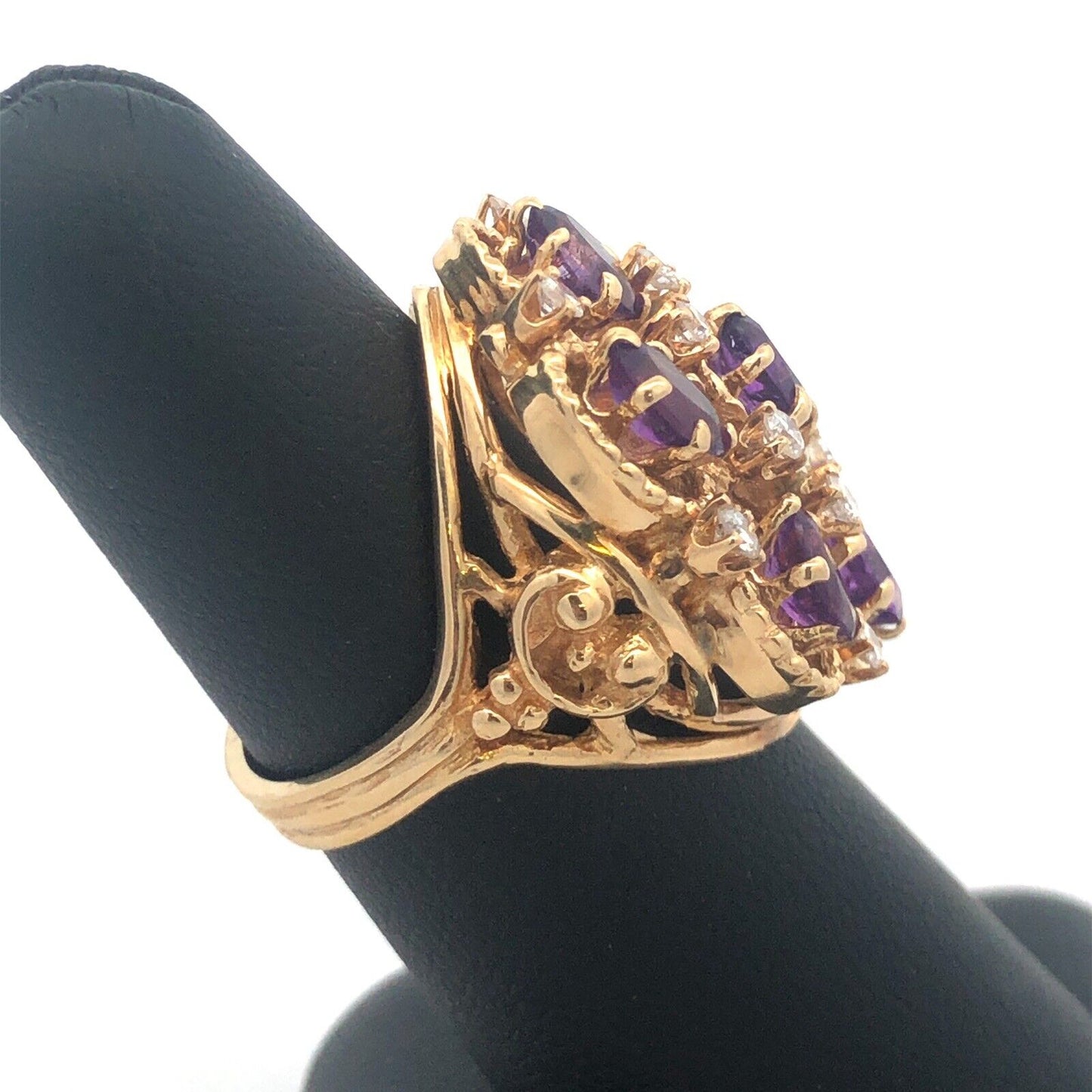 Vintage 14K Yellow Gold Amethyst Diamond Statement Anniversary Cocktail Ring