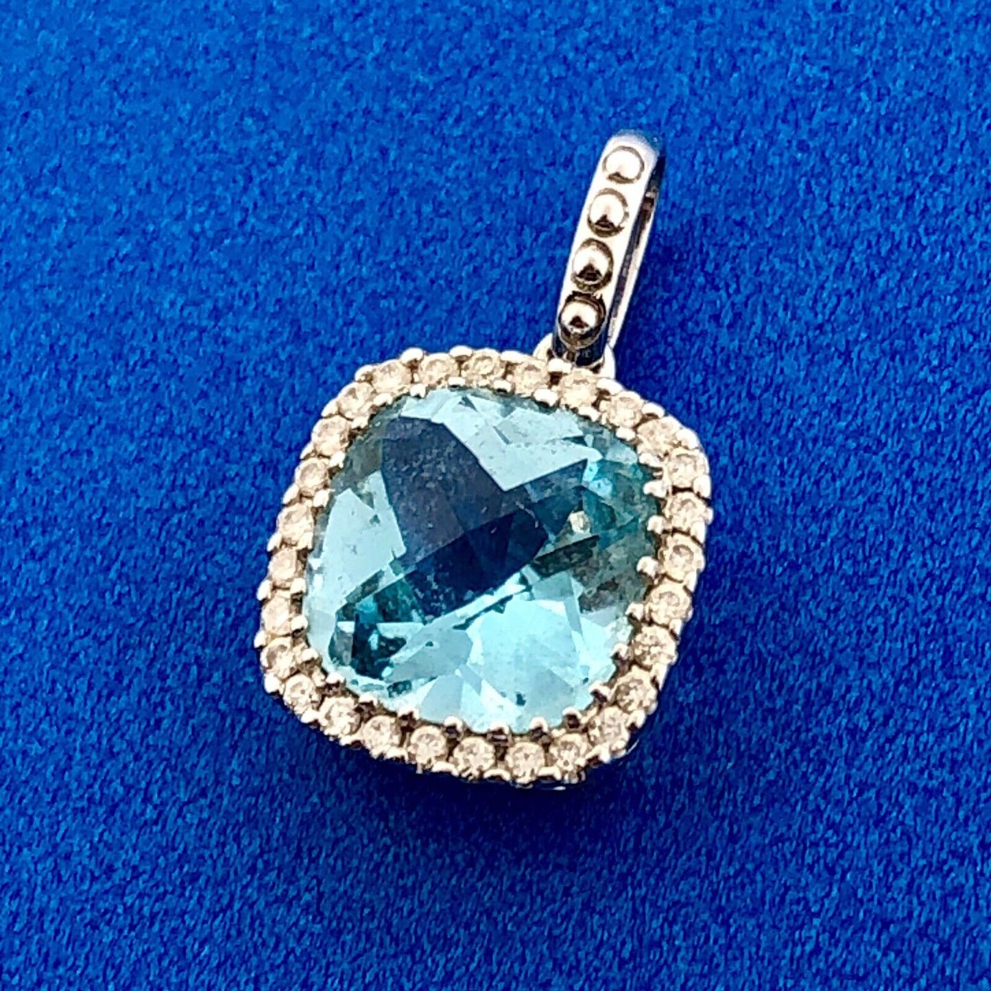 18K White Gold Cushion Cut Blue Topaz Diamond Halo October Anniversary Pendant