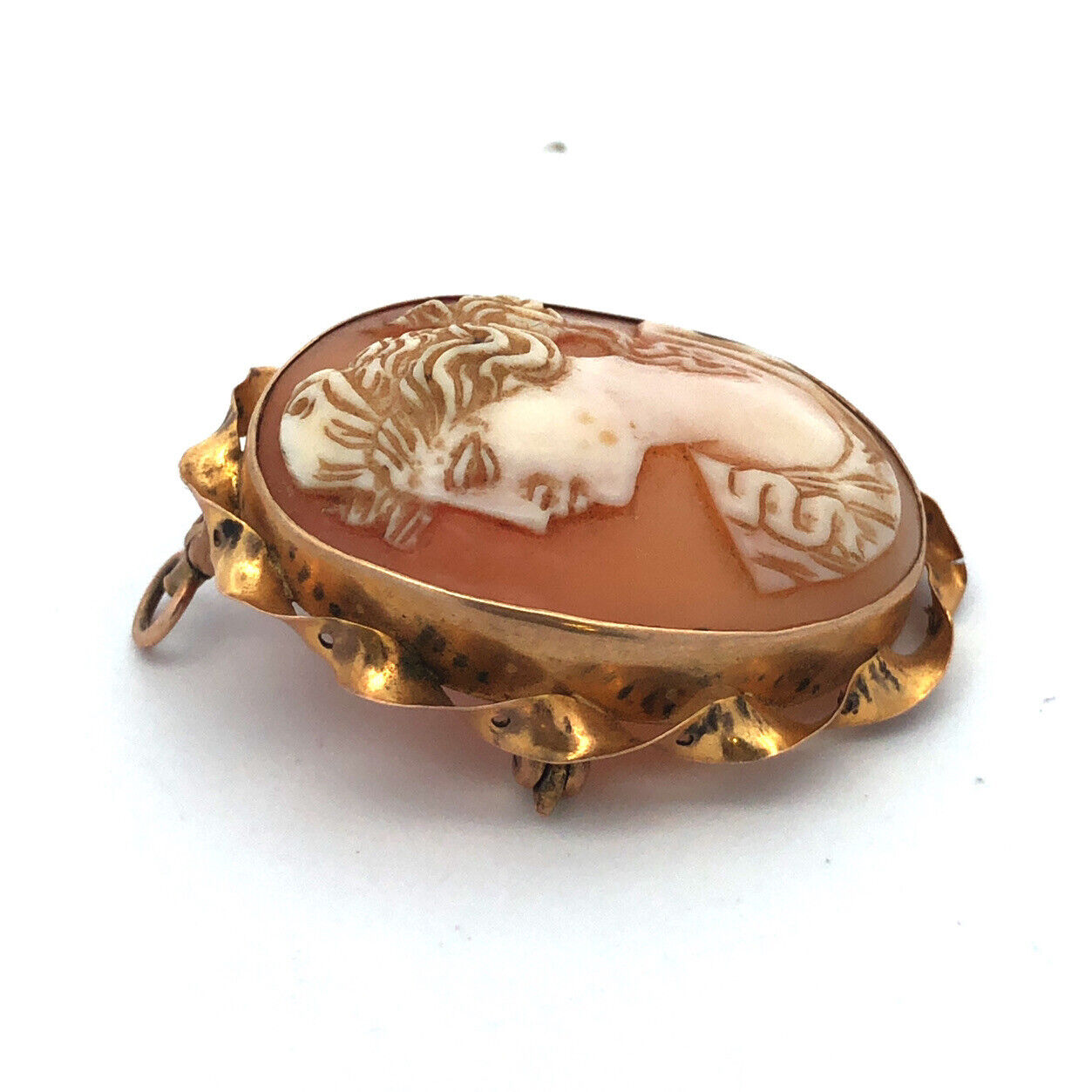 10K Yellow Gold Vintage Oval Carved Shell Cameo Pendant Pin Brooch