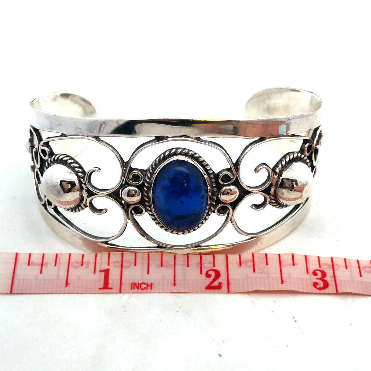 Designer Iguala Mexico 925 Sterling Silver Blue Glass Statement Cuff Bracelet