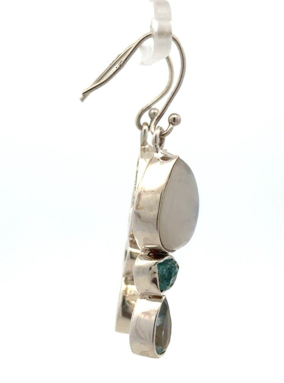 Vintage YS 925 Sterling Silver Moonstone Blue Topaz Tourmaline Dangle Earrings