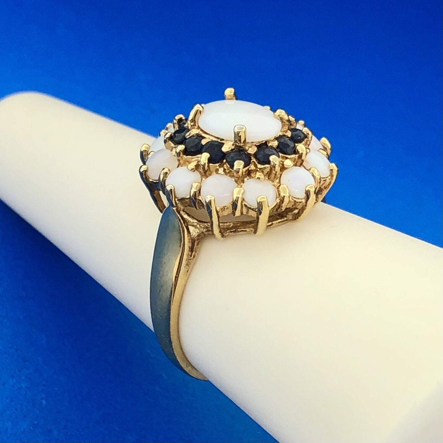 Designer 925 Sterling Silver Vermeil Opal Sapphire Halo Gold Toned Cocktail Ring