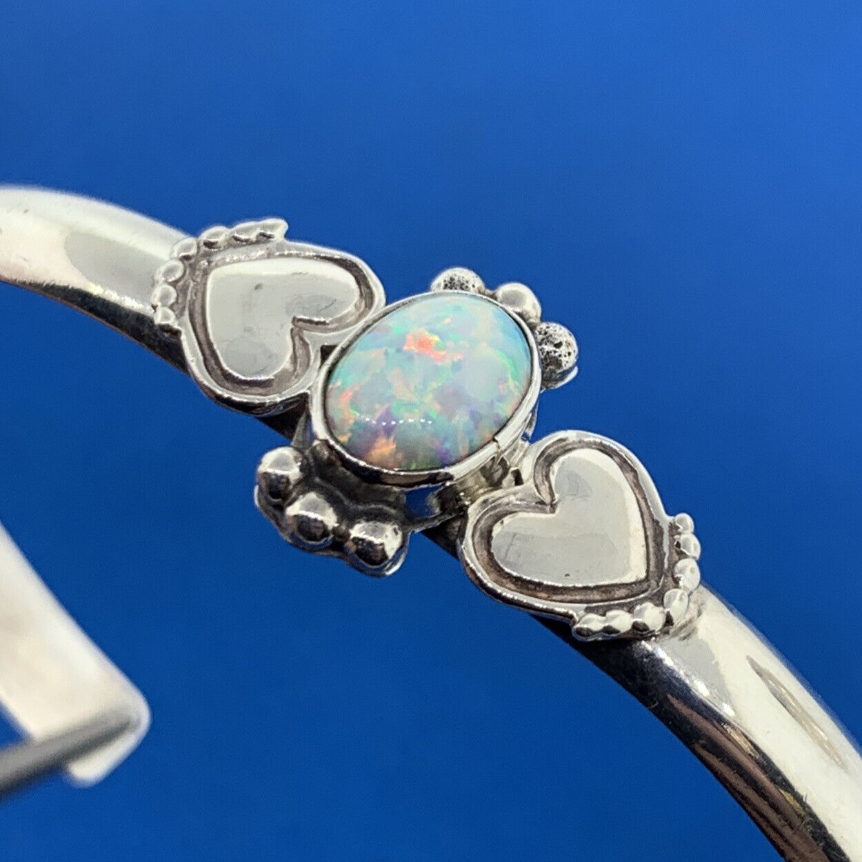 Native American CS Sterling Silver 925 Oval Synthetic Opal Heart Cuff Bracelet