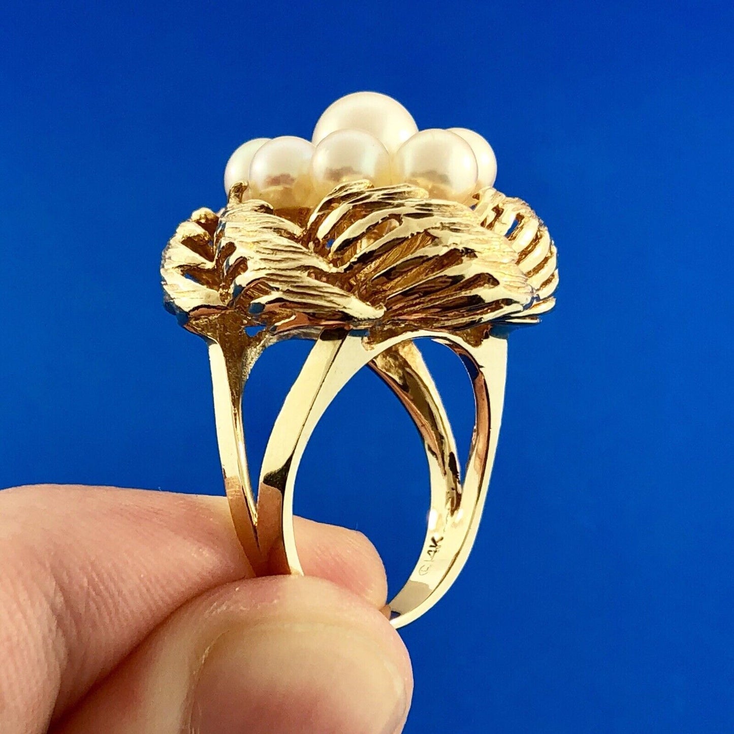 Vintage 14K Yellow Gold 9 Pearl Bird Nest Cluster Statement Cocktail Ring