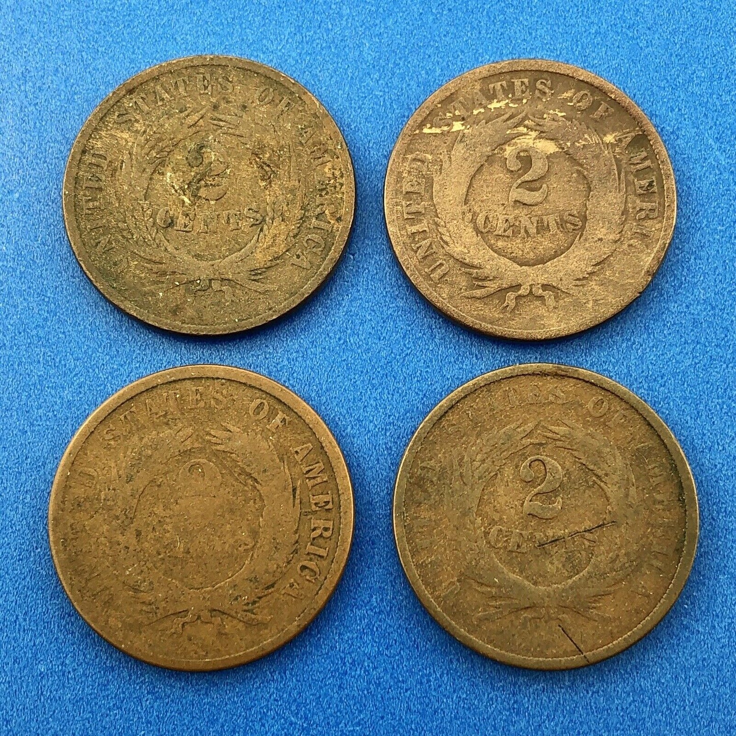 1864 P Bronze Two-Cent Piece Four Coin Mixed Date Union Shield Philadelphia Lot