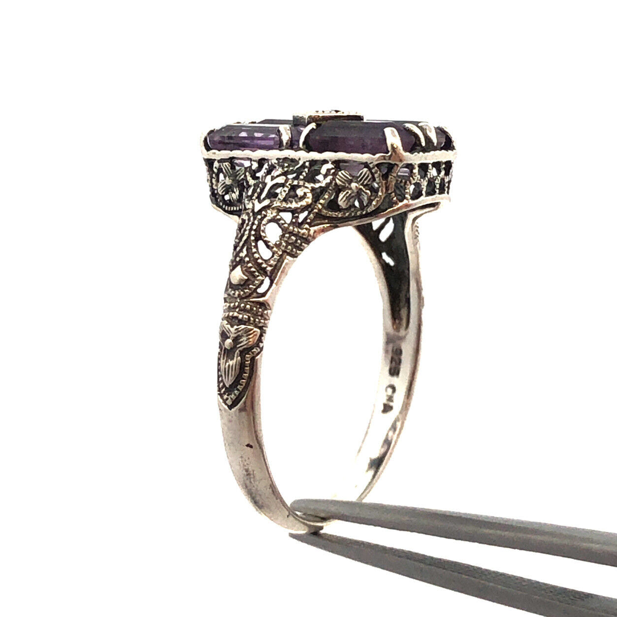 Designer CNA 925 Sterling Silver Amethyst Diamond Filigree Detail Rectangle Ring