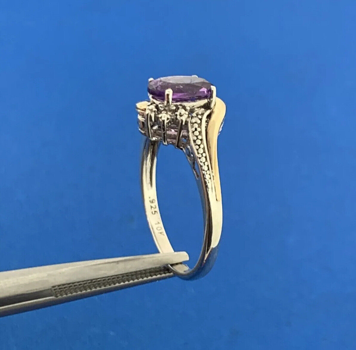Designer 925 Sterling Silver 10K Gold Two Tone Amethyst Diamond Ring