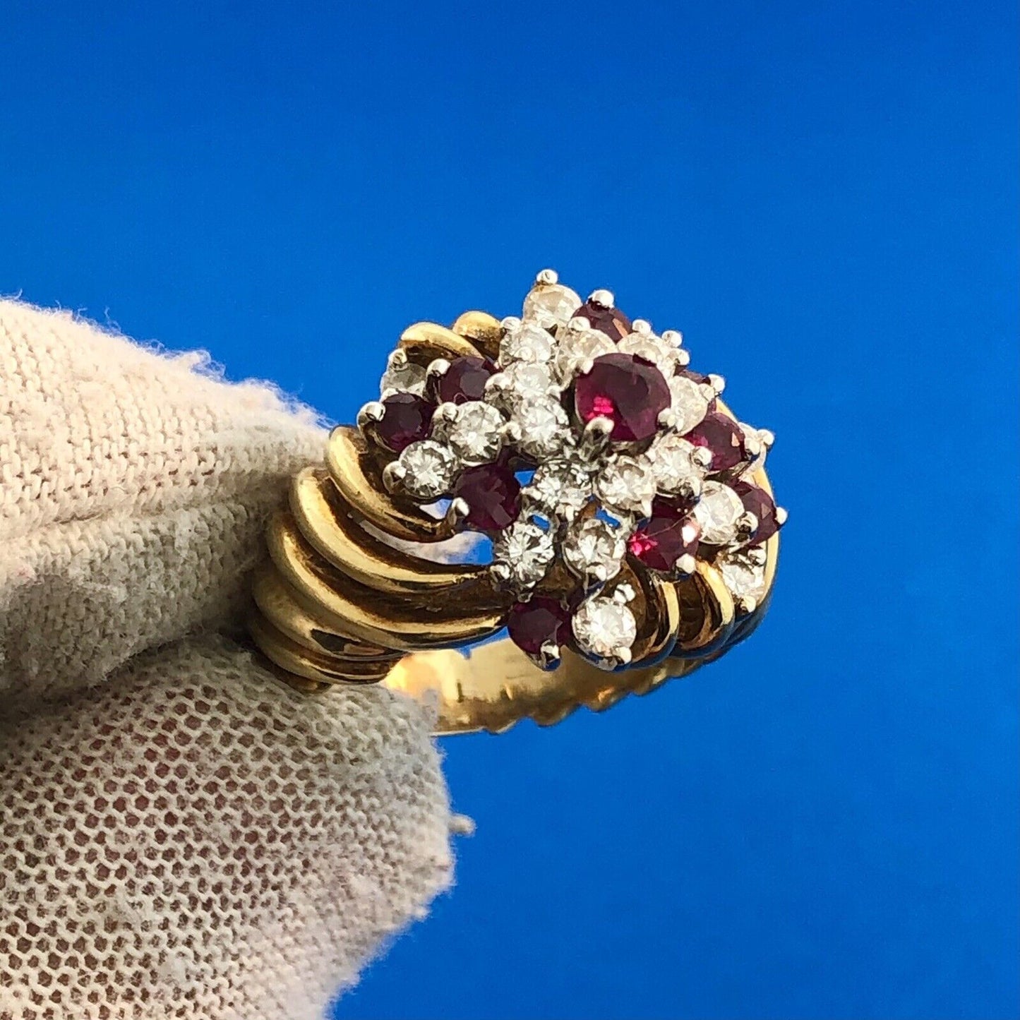 Gorgeous 14k Yellow Gold Diamond Ruby Towering Spiral Cluster Ring Size 4.75