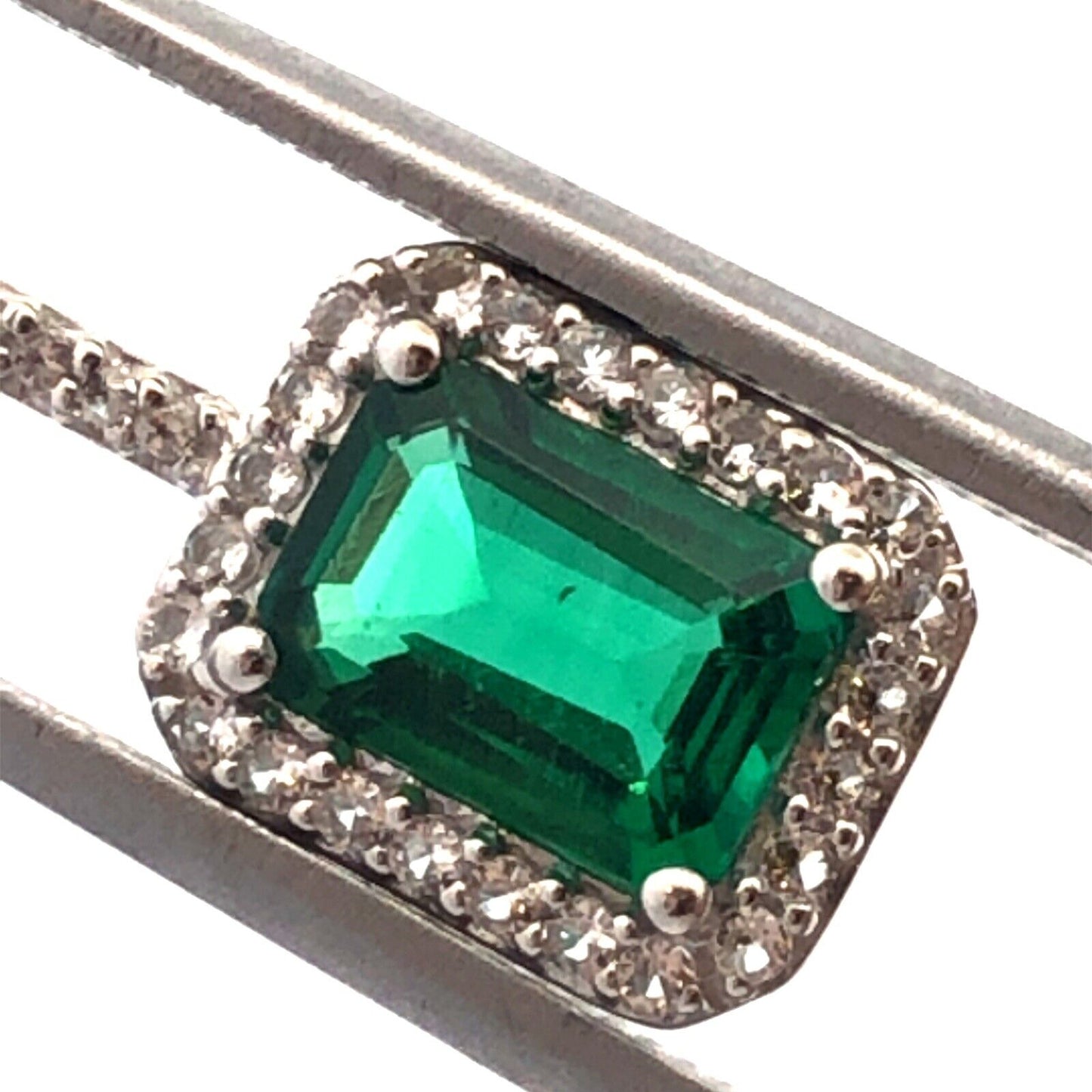 Designer A 10K White Gold Green Emerald Cut Emerald White Sapphire Halo Pendant