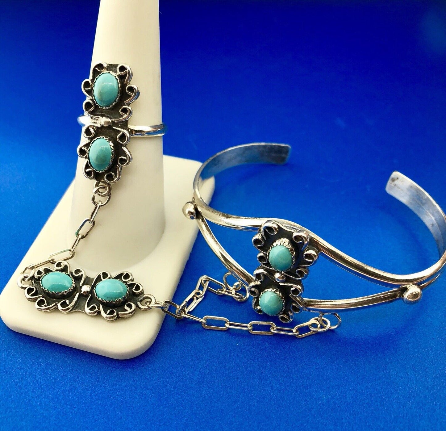 Native American Artisan CM Sterling Silver 925 Turquoise Slave Cuff Bracelet